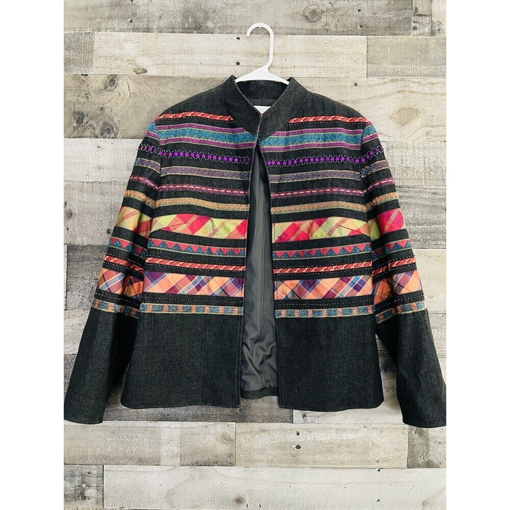 Gorgeous Coldwater Creek Open Southwestern Patchwork Boho Satin Lined Jacket 14